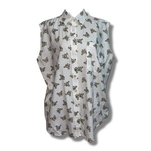 Vintage Teddy Bear Print Button Down Sleeveless Shirt